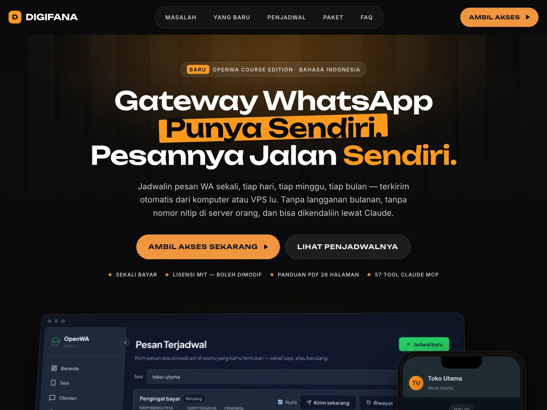 Sales page OpenWA Course Edition — gateway WhatsApp punya sendiri