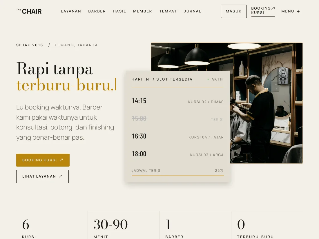 Website barbershop THE CHAIR — booking per blok waktu, jadwal kursi live